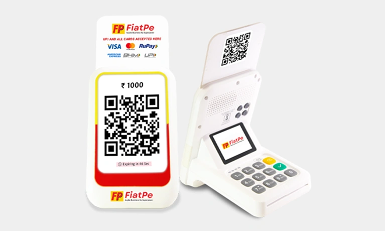 FiatPe all-in-one business payment device with static and dynamic QR code, built-in speaker, and POS machine; highlights include generating new QR codes for every order, ideal for medium to large businesses, and real-time QR generation for safer payments.