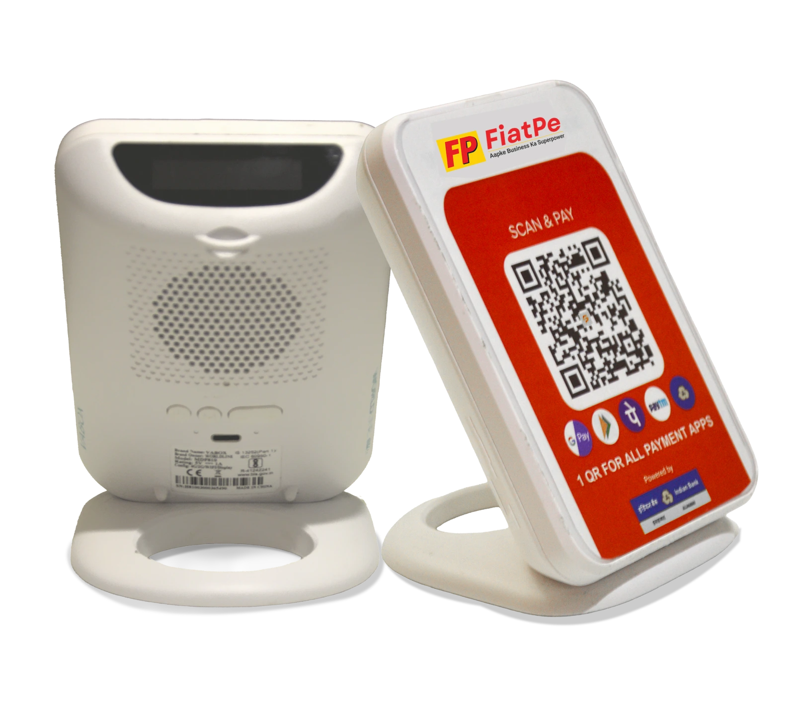 A QR scanner soundbox is being displayed in the image with Front and Rear view of the Fiatpe Soundbox