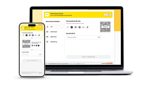 A laptop and desktop computer display the FiatPe merchant dashboard, showing a detailed fee payments overview with transaction records, settlement status, and sales analytics, enabling merchants to efficiently track and manage their payments through the FiatPe platform.