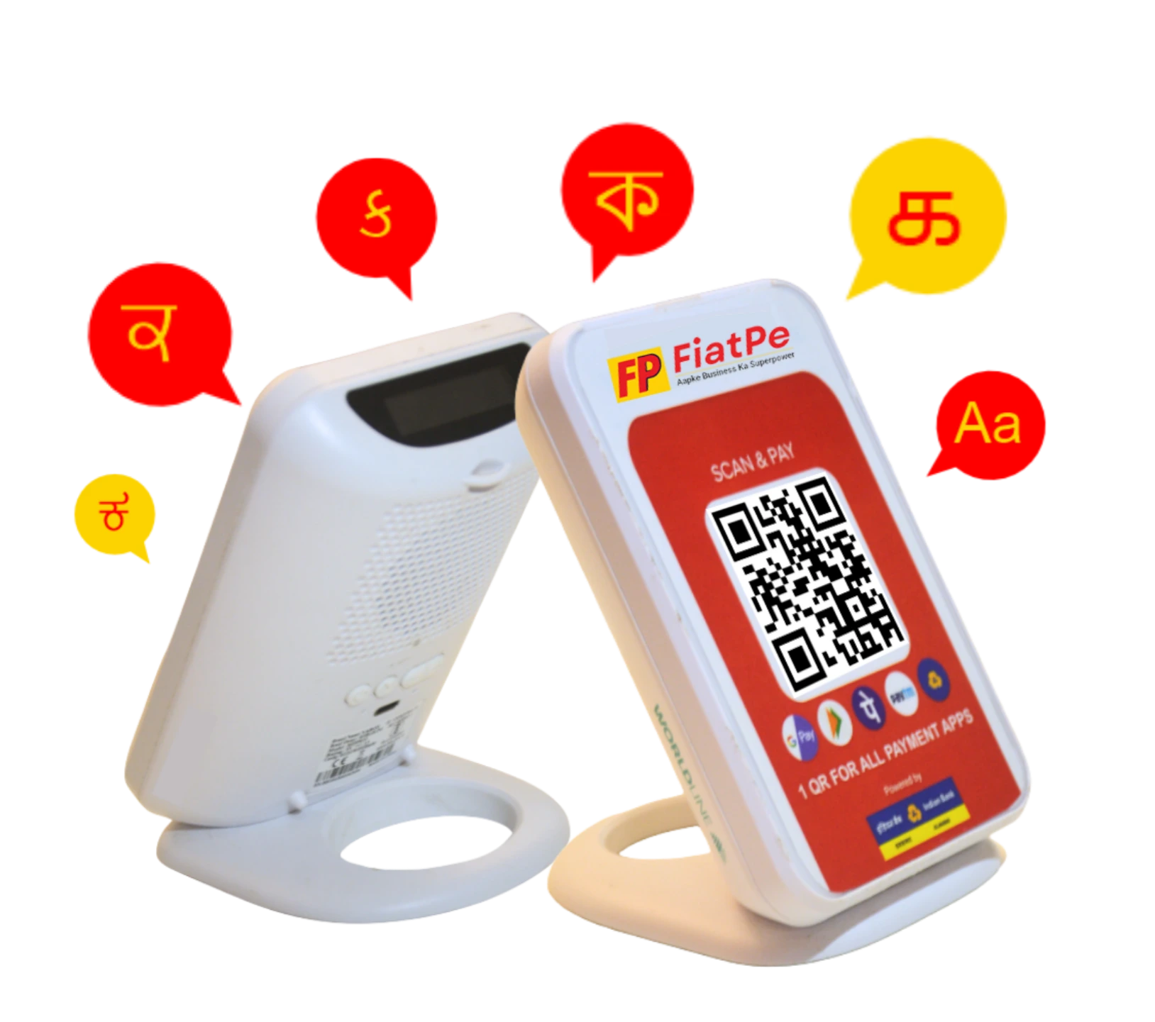 The image features a FiatPe Smart Speaker and Instant QR standee at the center, surrounded by icons that describe key benefits: hands-free transactions, instant payment alerts, accessibility for everyone, seamless integration, privacy and security built in, and multi-language support, visually highlighting why businesses should choose FiatPe’s smart payment solutions.​