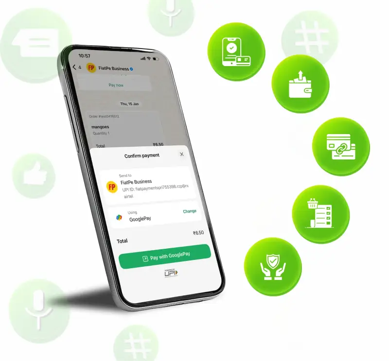 FiatPe QR payment device displayed alongside a list of business benefits including all-in-one acceptance, instant multilingual soundbox confirmations, PCI-DSS certified security, cost savings, and seamless connectivity with instant digital receipts.